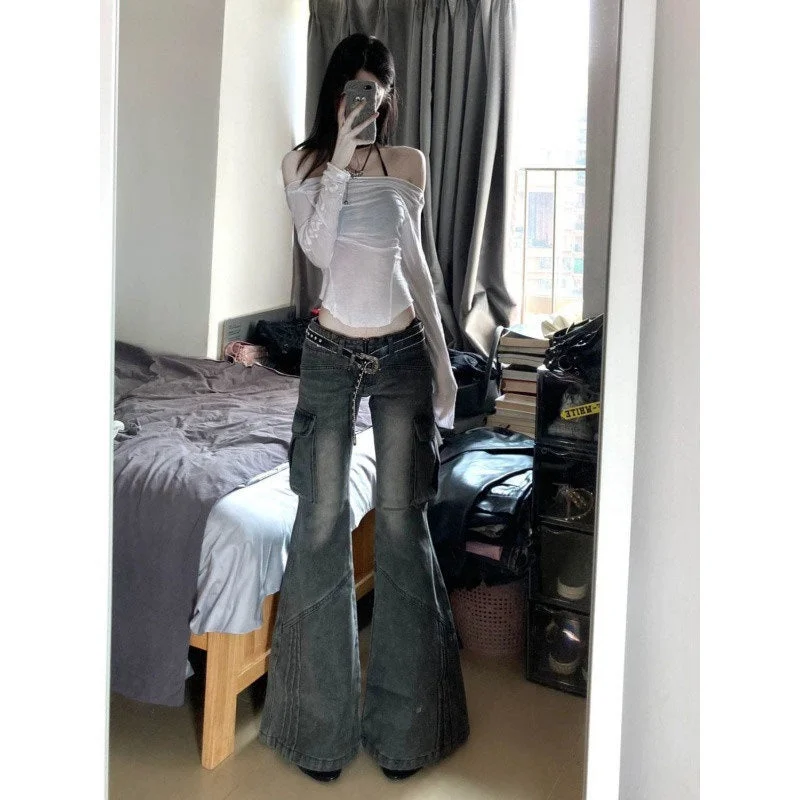 Wjczt leapord halloween outfit American Hot Girl Style Heavy Industry Three-Dimensional Pocket Low Waist Micro-Pull Overalls Women's Washed Horn Horseshoe Pants Chic Slim Fit Pants