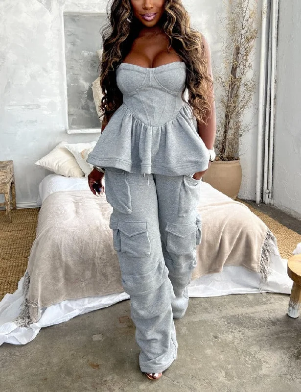 N1001TP - SLEEVELESS TOP&CARGO PANTS SET Elegant Silk Pants