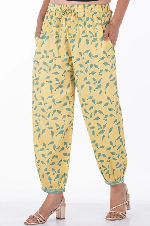 Dharan "Bloosom Dogri Pants" Yellow Block Printed Pants Trendy Velvet Pants