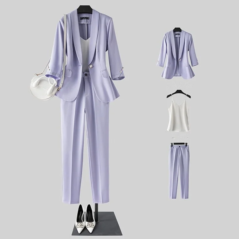 Wjczt Women's High-End Graceful Work Clothing 2022 Spring Summer Thin Office Lady Elegant Purple Suit Coats+Sling Vest+Pants Outfits Stylish Elastic Waist Pants Wjczt Women's High-End Graceful Work Clothing 2022 Spring Summer Thin Office Lady Elegant Purple Suit Coats+Sling Vest+Pants Outfits Stylish Elastic Waist Pants