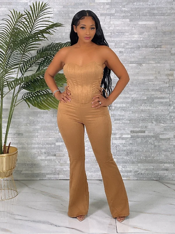 ST2735P-Suede Corset Top & Flare Pants Set Trendy Tapered Pants