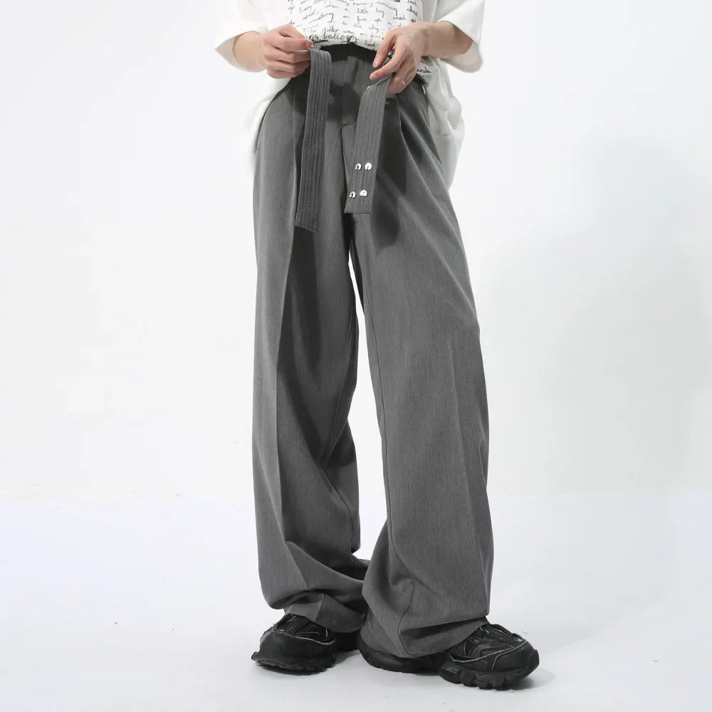 Wjczt  Men's Wear 2025 Spring Strap Decoration Design Trendy Sult Pants Korean Style Streetwear Solid Color Pants Modern Bootcut Pants