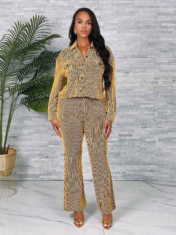 ST4512P - RIB LS BUTTON TOP & FLARE PANTS SET Elegant Silk Pants