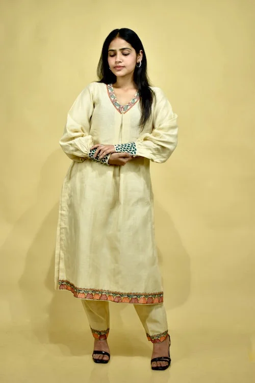Chanderi Madhubani Hand-Painted  Kurta Pant Set Elegant Wool Trousers