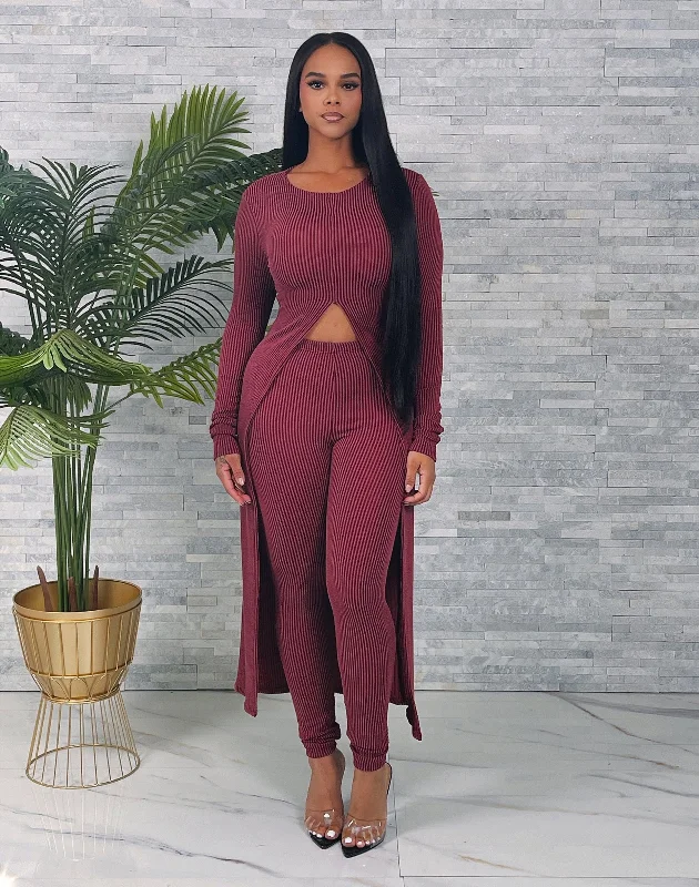 2436H - RIB LONG SLIT TOP & PANTS SET Comfortable Jogger Trousers