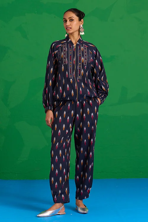Okhai "Mahanadi" Navy Blue Ikkat Pure Cotton Pants Relaxed Casual Leggings