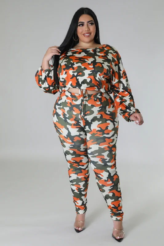 S41196XH - CAMOU LS TOP&PANTS SET (PLUS) Comfortable Denim Pants