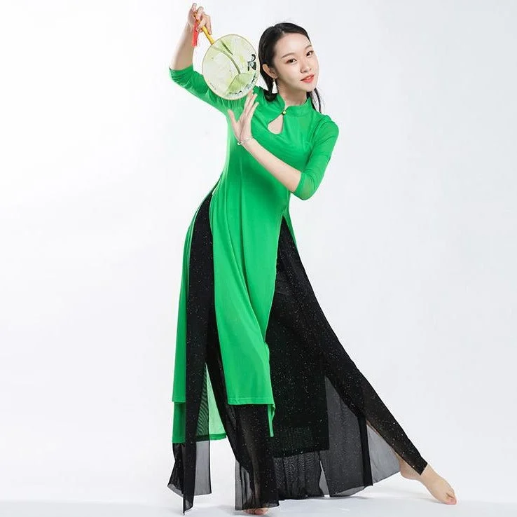 Elegant Chinese Style Yoga Wear Dance Costume with Pant Skirt Comfy Cargo Trousers
