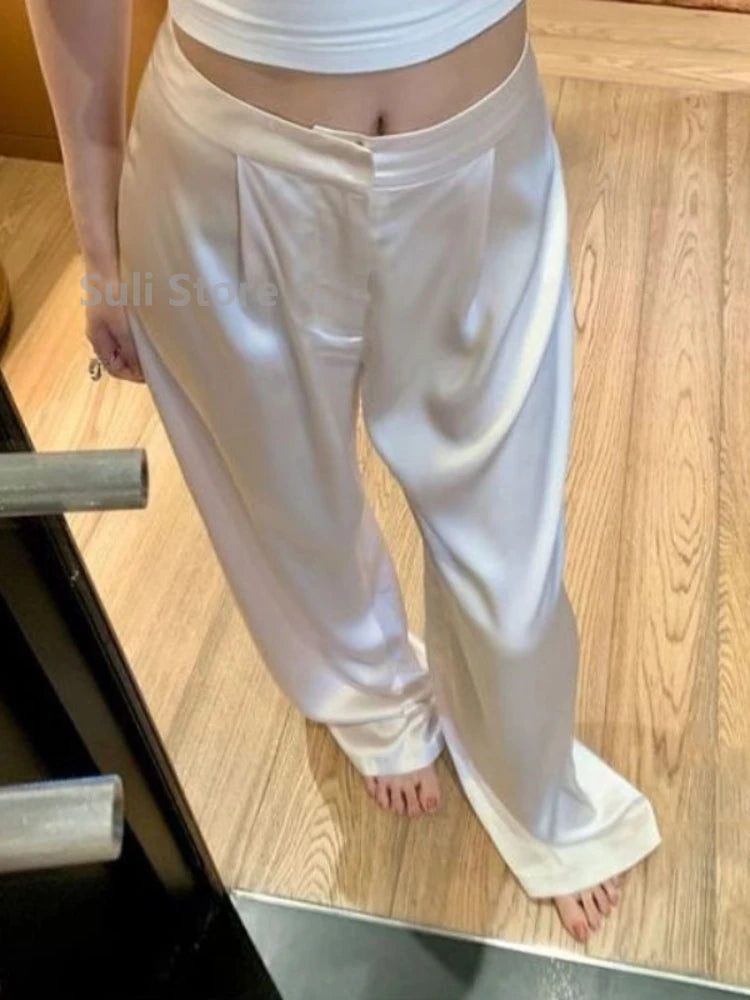 Wjczt White Acetate Satin Wide-Leg Pants Women's Summer Drooping Straight Graceful Casual Pants Slimming Suit Pants Mop Fashion Classic Cropped Pants