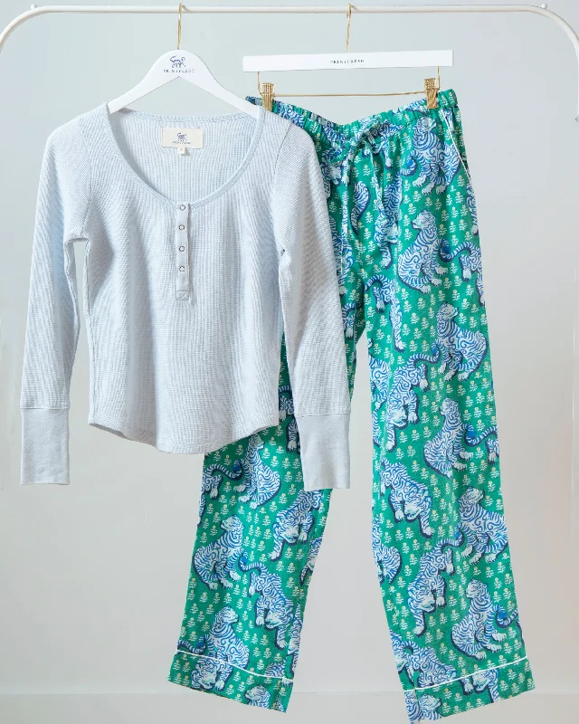 Tiger Queen - Cozy Henley & Lightweight Flannel PJ Pants Set - Jade Casual Track Pants