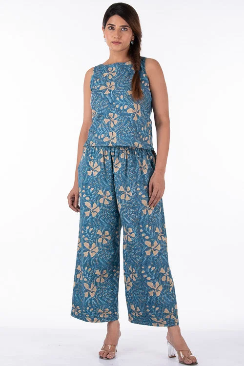 Dharan "Raag Farshi Pants " Blue Block Printed Pants Elegant Wool Trousers