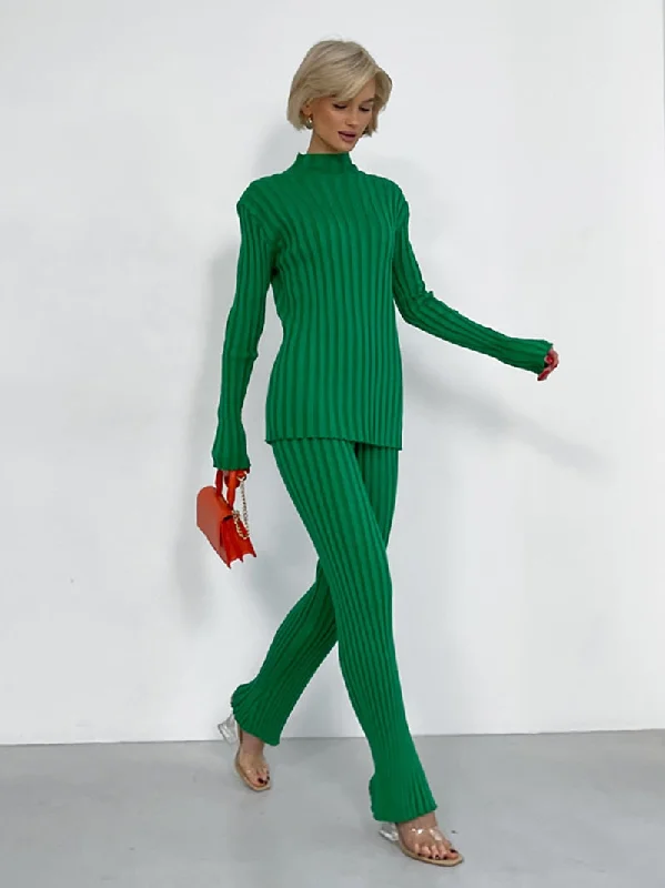 Wjczt Ribbed Knit Two Piece Set Women Tracksuit Casual Korean 2 Piece Sets Womens Outfits Spring Pants Suit Knitted Matching Set Women Cozy Full-Length Pants