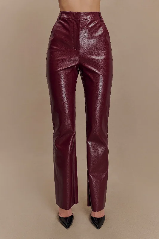 Tyra Straight Leg Faux Leather Pants - Cherry Red Relaxed High-Waist Trousers