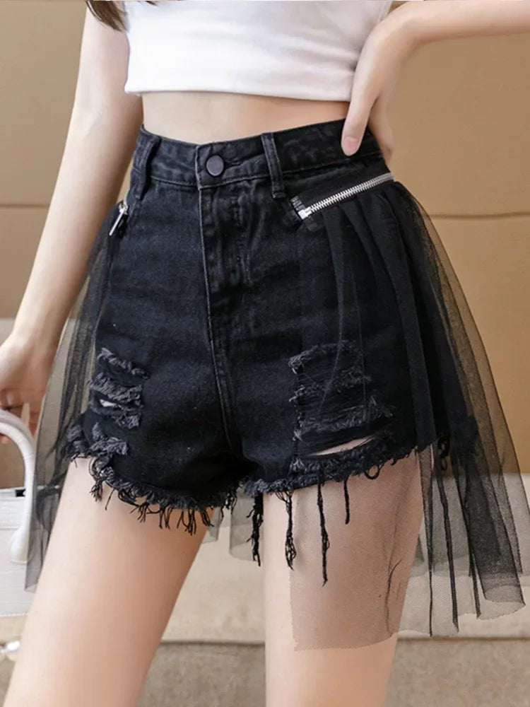 Wjczt Design Sense Mesh Stitching Women'S Denim Shorts High Waist Raw Edge Fake Two-Piece Wide Leg Hot Pants Korean Women Clothing Comfortable Maternity Pants