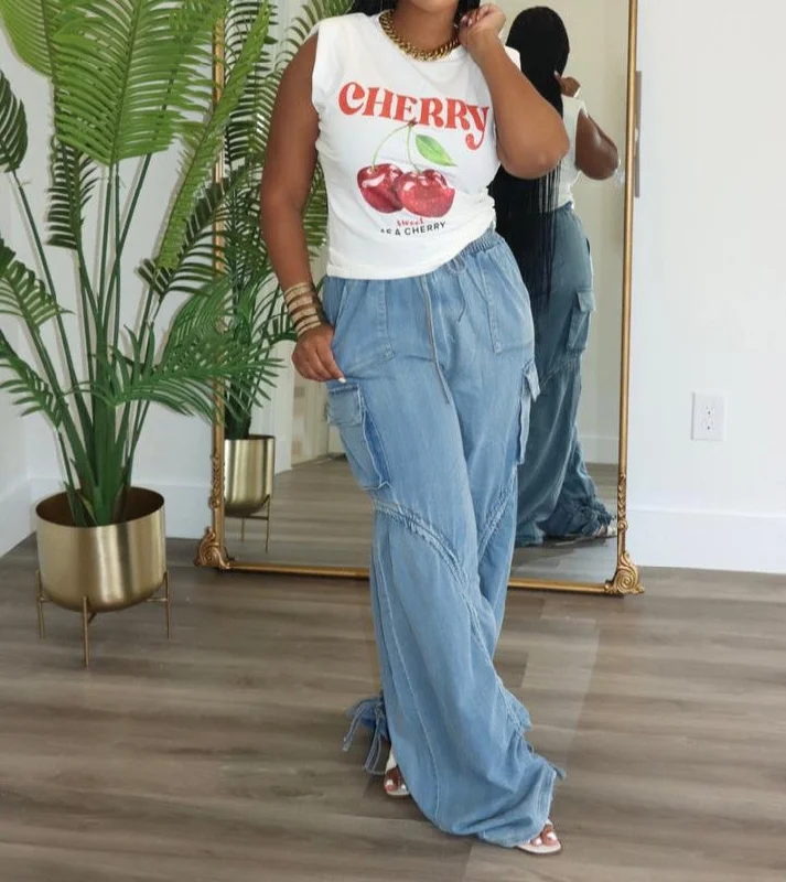HP1340P - HIGH WAISTED DENIM JOGGERS PANTS Stylish Elastic Waist Pants