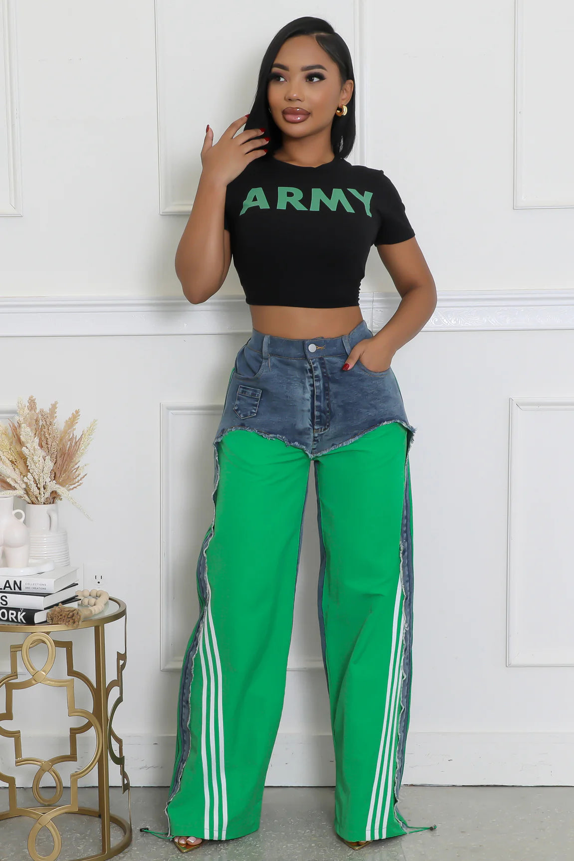 28404P - DENIM DRAWSTRING DETAIL PANTS (4PCS) Trendy Wide-Legged Trousers