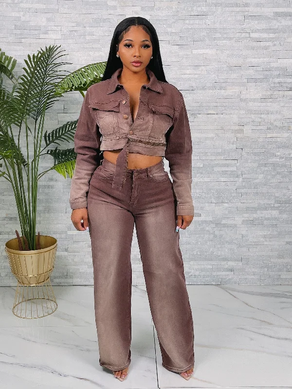 9255+9819P - GRADIENT DYED JACEKT & MULTI  POCKETS PANTS SET Comfortable Denim Pants