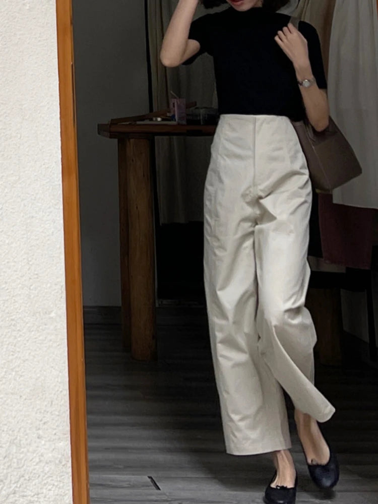Wjczt White High-Waist Narrow Straight Wide-Leg Pants Women's Spring and Summer Thin Casual Draping Cropped Pants Suit Pants Comfortable Denim Trousers