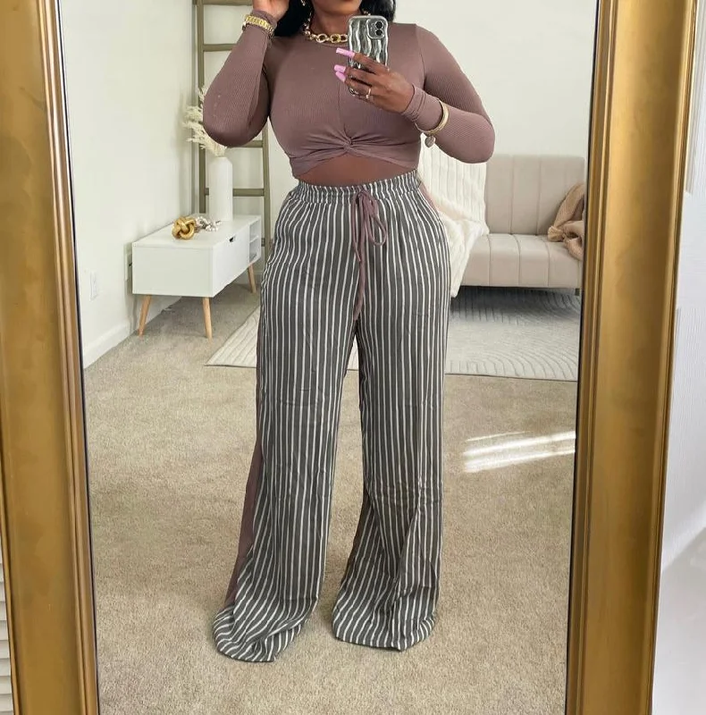 SAP2502P - LS KNOTTED MID TOP&STRIPE LINEN PANTS SET Stylish Paperbag Waist Pants