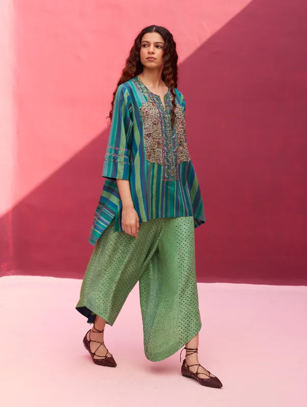 Zahira Block Printed Silk Pants - Peacock Comfy High-Waist Jeans
