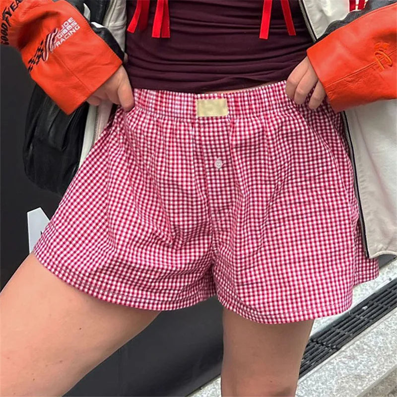 Wjczt Women's Y2k Pajamas Shorts Cute Plaid Pj Short Pants Flannel Lounge Sleep Shorts Bottoms Elastic Waist Baggy Boxers Tracksuit Trendy Tapered Pants