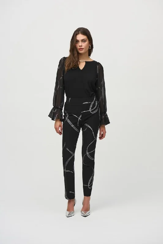 Silky Knit Abstract Print Pull-On Pants Comfy Cargo Trousers