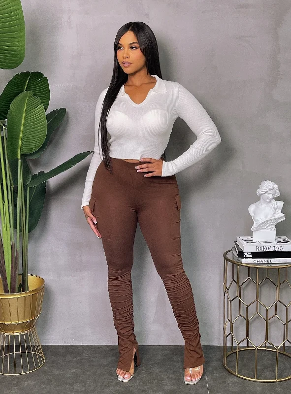 PL4328P-Cargo Stacked Pants Cozy Knit Pants