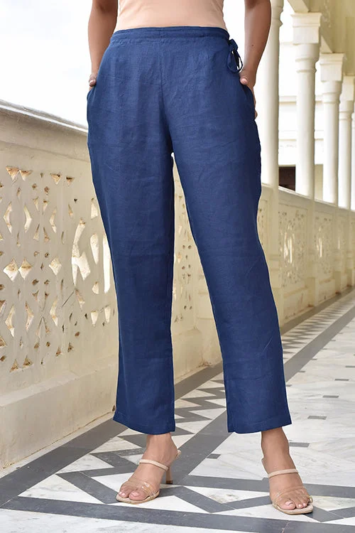 Okhai 'Crusade' Pure Linen Navy Pants Formal Stretch Pants