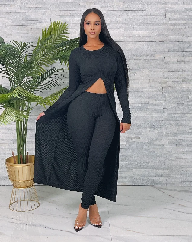 2436EXH - RIB LONG SLIT TOP & PANTS SET (PLUS) Elegant Wool Trousers