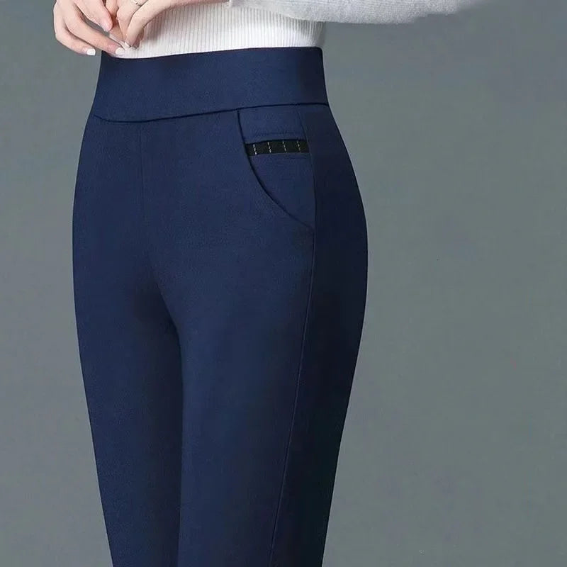 Wjczt Spring and Summer Women's High Waist Solid Print Pocket Patchwork Elastic Slim Elegant Commuter Fashion Casual Bottom Pants Chic Black Leggings