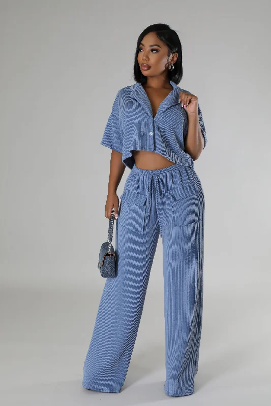 WTP30044P-Ribbed Button Top & Pants Set Casual Plaid Pants