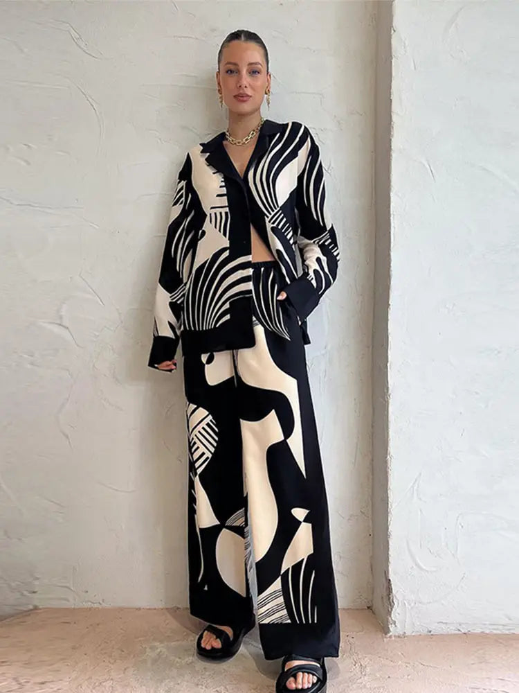 Wjczt Women Digital Printed Two-piece Set Chic Lapel Long Sleeved Top Loose Straight Leg Pants Suit 2024 Fashion Lady High Streetwear Soft Wool Pants Wjczt Women Digital Printed Two-piece Set Chic Lapel Long Sleeved Top Loose Straight Leg Pants Suit 2024 Fashion Lady High Streetwear Soft Wool Pants