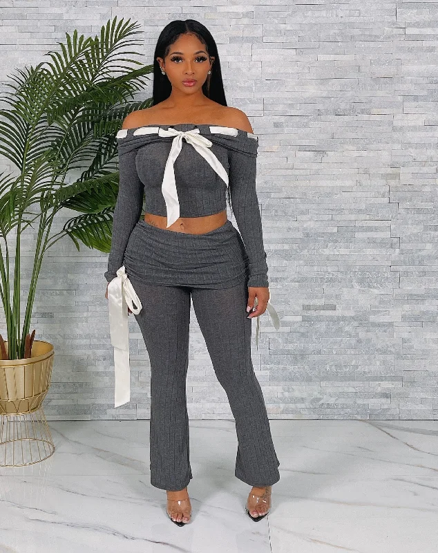 SAP2517P - OFF SHOULDER RIB TOP&SKIRT PANTS SET Casual Drawstring Pants