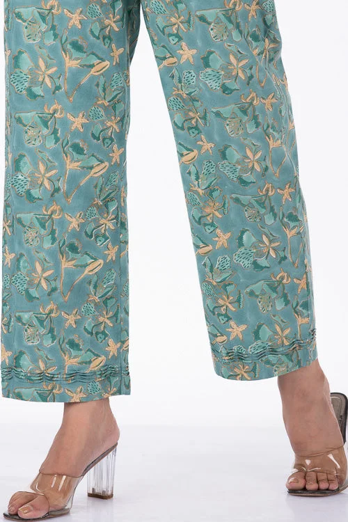 Dharan "Gulista Straight Pant" Green Block Printed Pants Comfortable Wide-Leg Pants