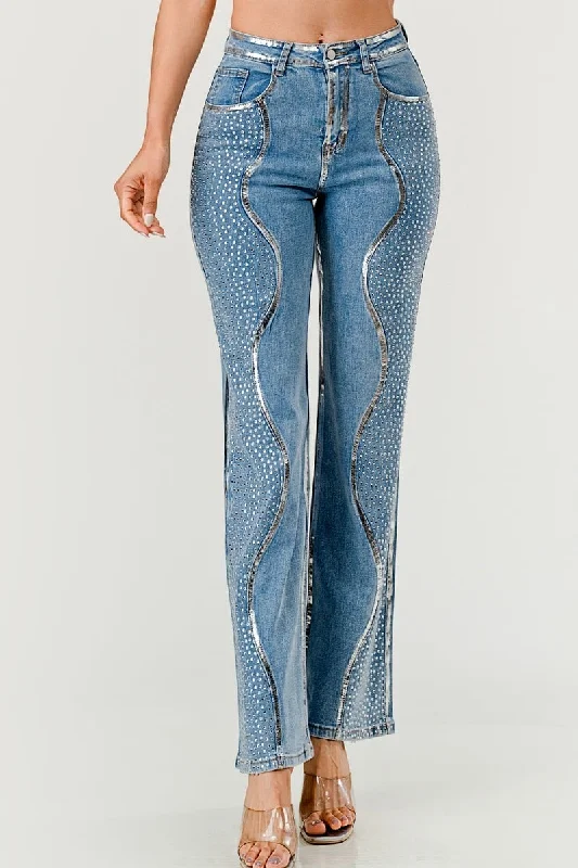 AIP5090AP-Denim Rhinestone Straight Pants Casual Yoga Pants