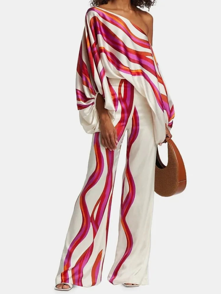 Wjczt Casual Satin Commuting Suit Fashion Hollow Off Shoulder Tops With Long Pants Women 2 Piece Sets 2024 Spring Loose Print Outfits Stretch Fit Pants Wjczt Casual Satin Commuting Suit Fashion Hollow Off Shoulder Tops With Long Pants Women 2 Piece Sets 2024 Spring Loose Print Outfits Stretch Fit Pants