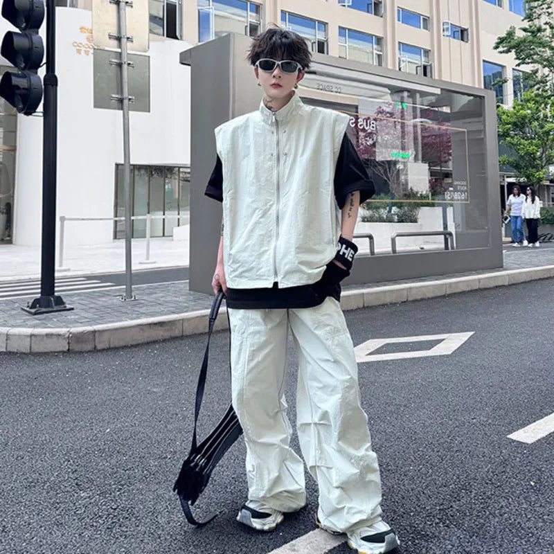 Wjczt  Men's Two-piece Set Solid Color Stand Neck Rivet Decorative Vest Casual Straight Pants 2025 Summer Loose Suit Trend Chic Capri Pants