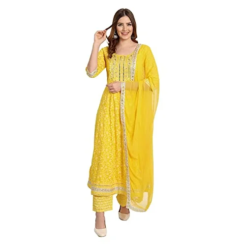 Rangnavi Women Rayon Anarkali Embroidered Printed Kurta Pant and Dupatta Set Yellow Trendy Wide-Leg Pants Rangnavi Women Rayon Anarkali Embroidered Printed Kurta Pant and Dupatta Set Yellow Trendy Wide-Leg Pants