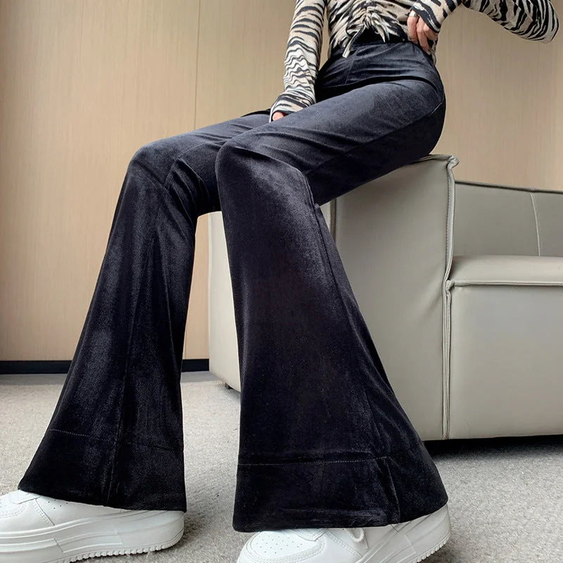 Wjczt going out winter outfits Gold Velvet Flared Pants Women's Autumn and Winter Elastic Waist Horseshoe Pants Draping Loose Straight Mop Pants Cozy Full-Length Pants