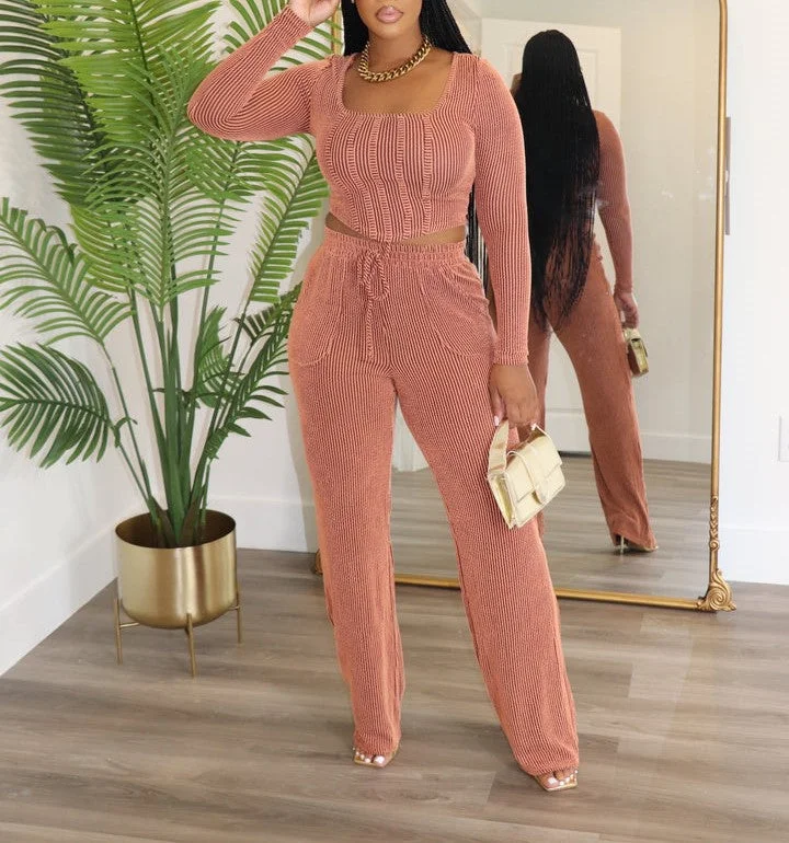 ST3900P-Rib LS Top & Pants Set Chic Slim Fit Pants