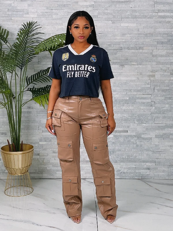 P24P - SOLID PU CARGO PANTS Comfy High-Waist Jeans