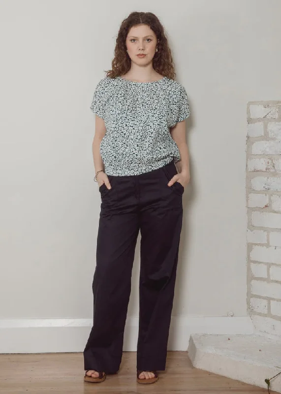 Dalston Sandy Pant - Navy Sateen Elegant Palazzo Trousers