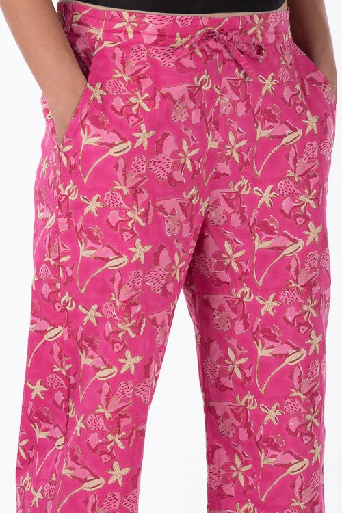 Dharan "Gulista Straight Pant" Pink Block Printed Straight Pants Soft Wool Pants