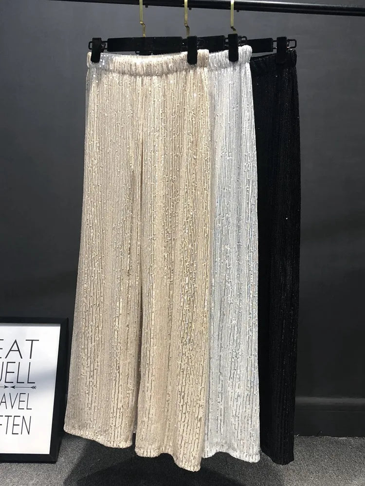Wjczt Women Silver Full Sequined Wide Leg Pants Elastic Waist Bling Luxury Chic Capris Casual Gold Long Pants Female Club 2024 Chic Checkered Pants