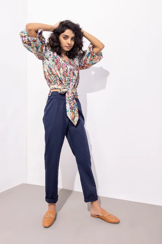 Sapphire - High-Waisted Tapered Pants Trendy Wide-Legged Trousers