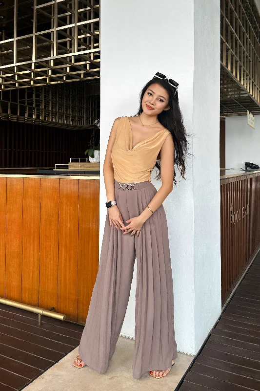 Threse Chiffon Pleated Pants in Grey Slim Fit Casual Pants