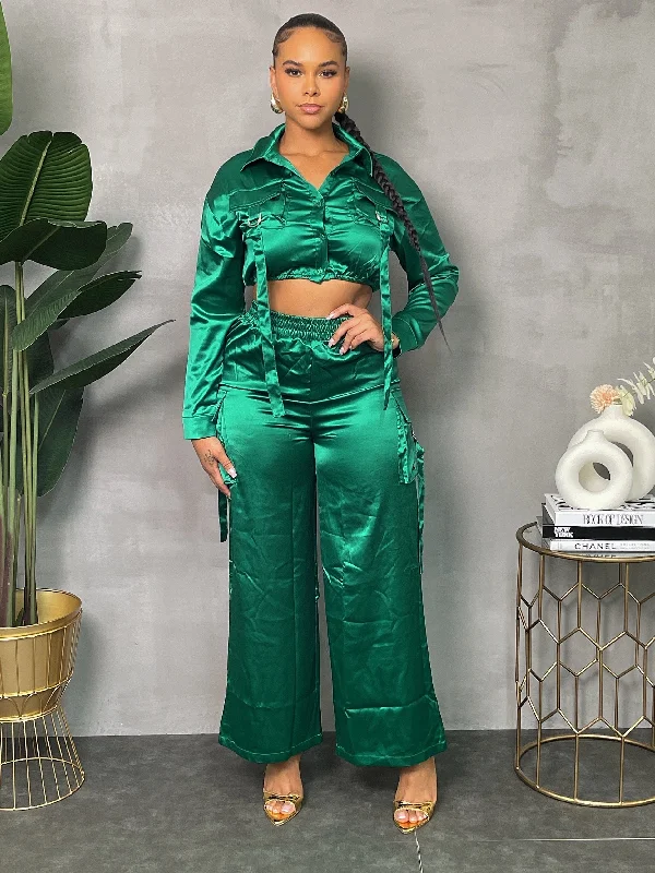 ST3139P-Satin L/S Pocket Top & Cargo Pants Classic Chino Pants