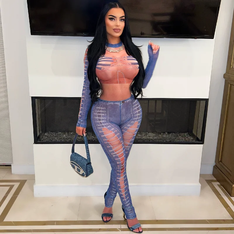 PVG479P-Denim Print Mesh Top & Pants Set Classic Cropped Pants