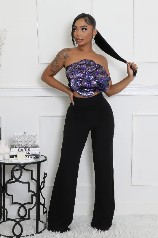 28029P - SEQUINS FLORAL TUBE TOP&PANTS SET Formal Linen Trousers