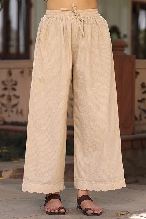 Dharan Scallop Cotton Beige Pants Relaxed Linen Pants